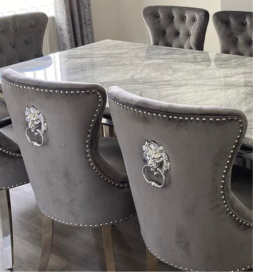 Arial White Marble Top Dining Set With Chelsea Lion knocker Chairs