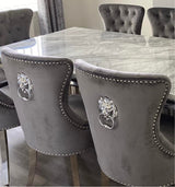 Arial White Marble Top Dining Set With Chelsea Lion knocker Chairs