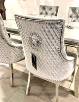 Vienna White Marble Top Dining Set With Dark Grey Venice Lion Knocker Velvet Chairs
