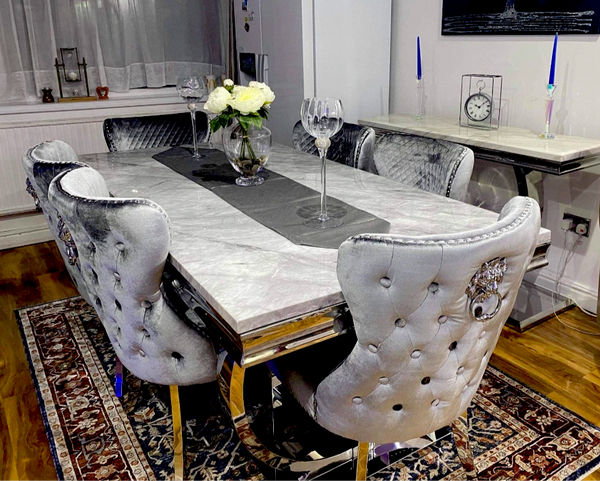 Arianna Grey Marble Dining Table With Lewis Lion Knocker Velvet Chairs