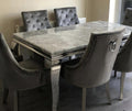 Vienna Grey Marble Top Dining Set With Cheshire Crushed Silver Knocker Velvet Chairs