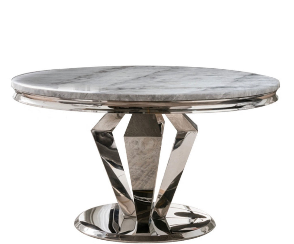 Windsor Grey Round Marble Top Dining Set With Lewis Lion Knocker Velvet Chairs