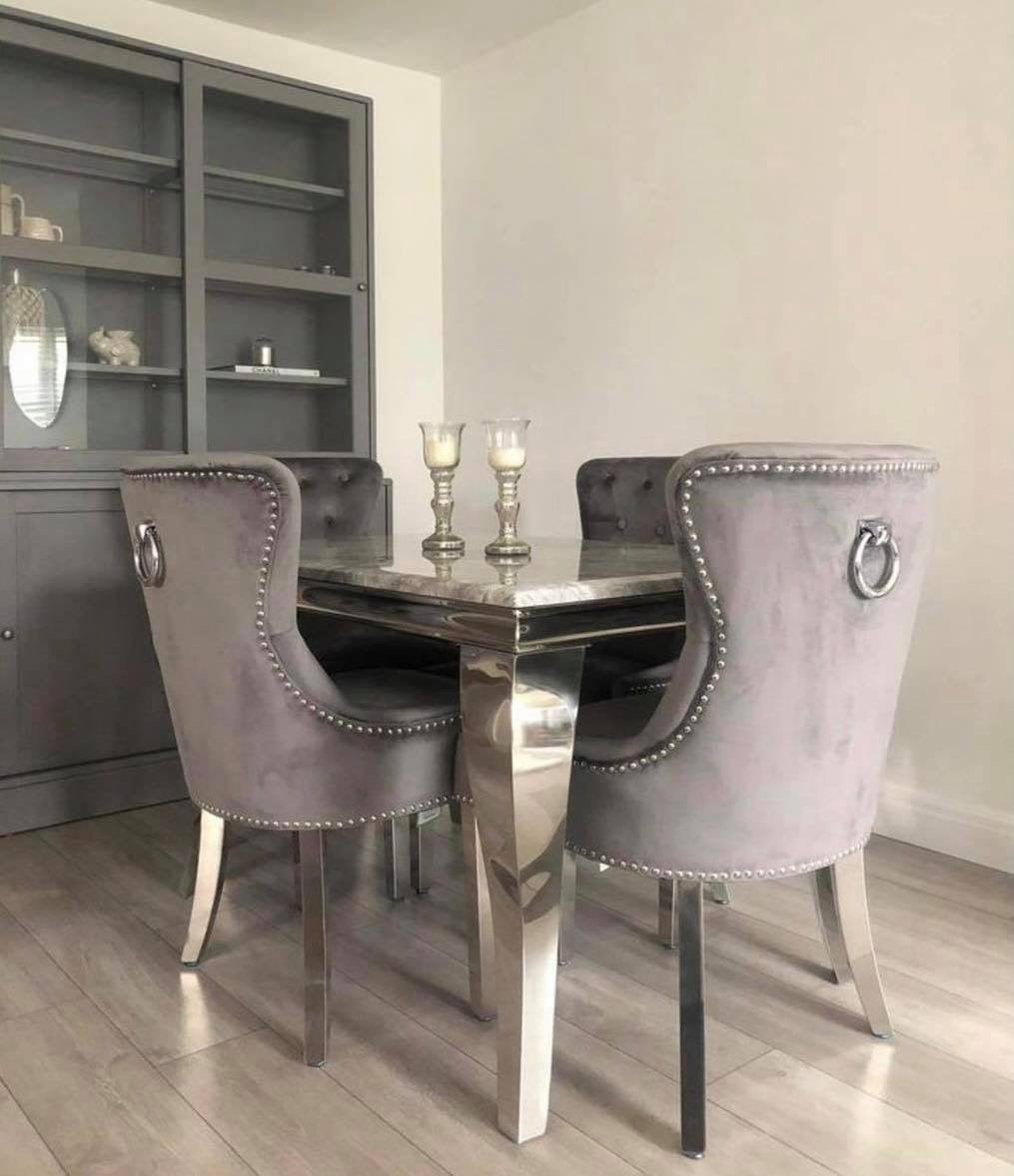 Vienna Grey Marble Top Dining Set With Chelsea Ring Knocker Velvet Chairs
