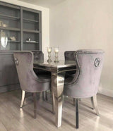 Vienna Grey Marble Top Dining Set With Chelsea Ring Knocker Velvet Chairs