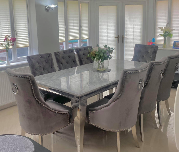 Vienna Grey Marble Top Dining Set With Cheshire Knocker Velvet Chairs