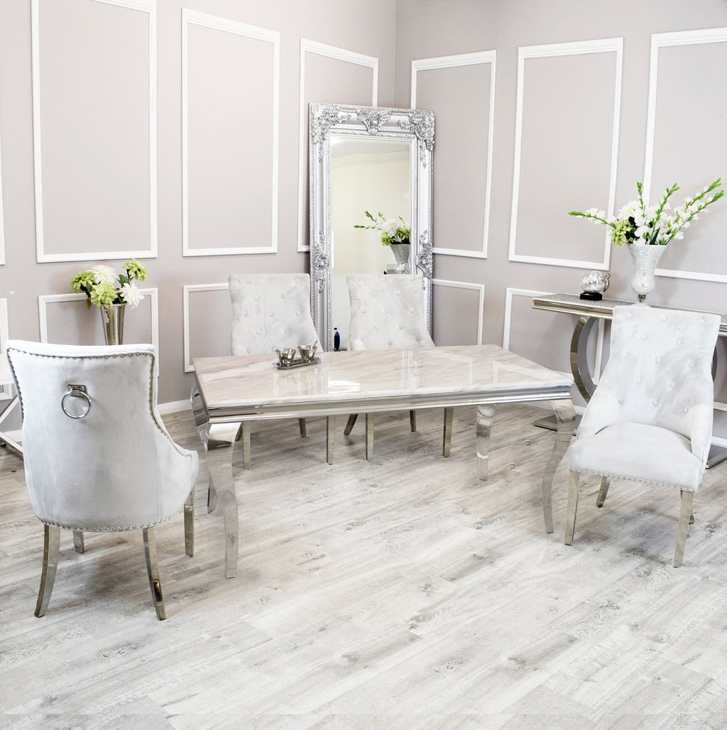 Vienna White Marble Top Dining Set With Light Grey Duke Knocker Velvet Chairs