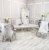 Vienna White Marble Top Dining Set With Light Grey Duke Knocker Velvet Chairs