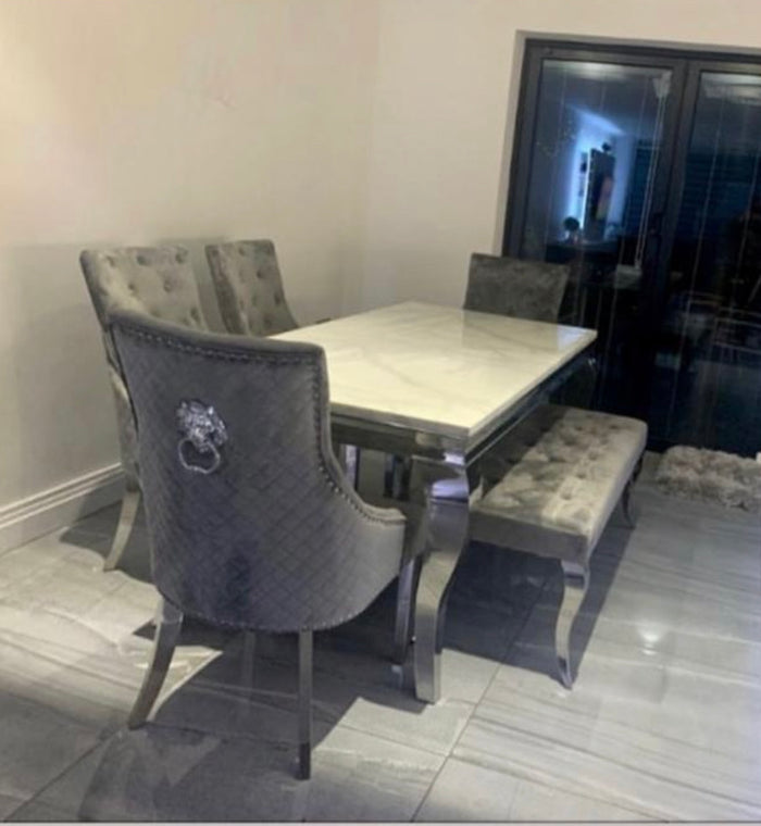 Vienna White Marble Top Dining Set With Venice Lion Knocker Velvet Chairs