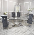 Arial Grey Marble Top Dining Set With Lucy Lion knocker Velvet Chairs