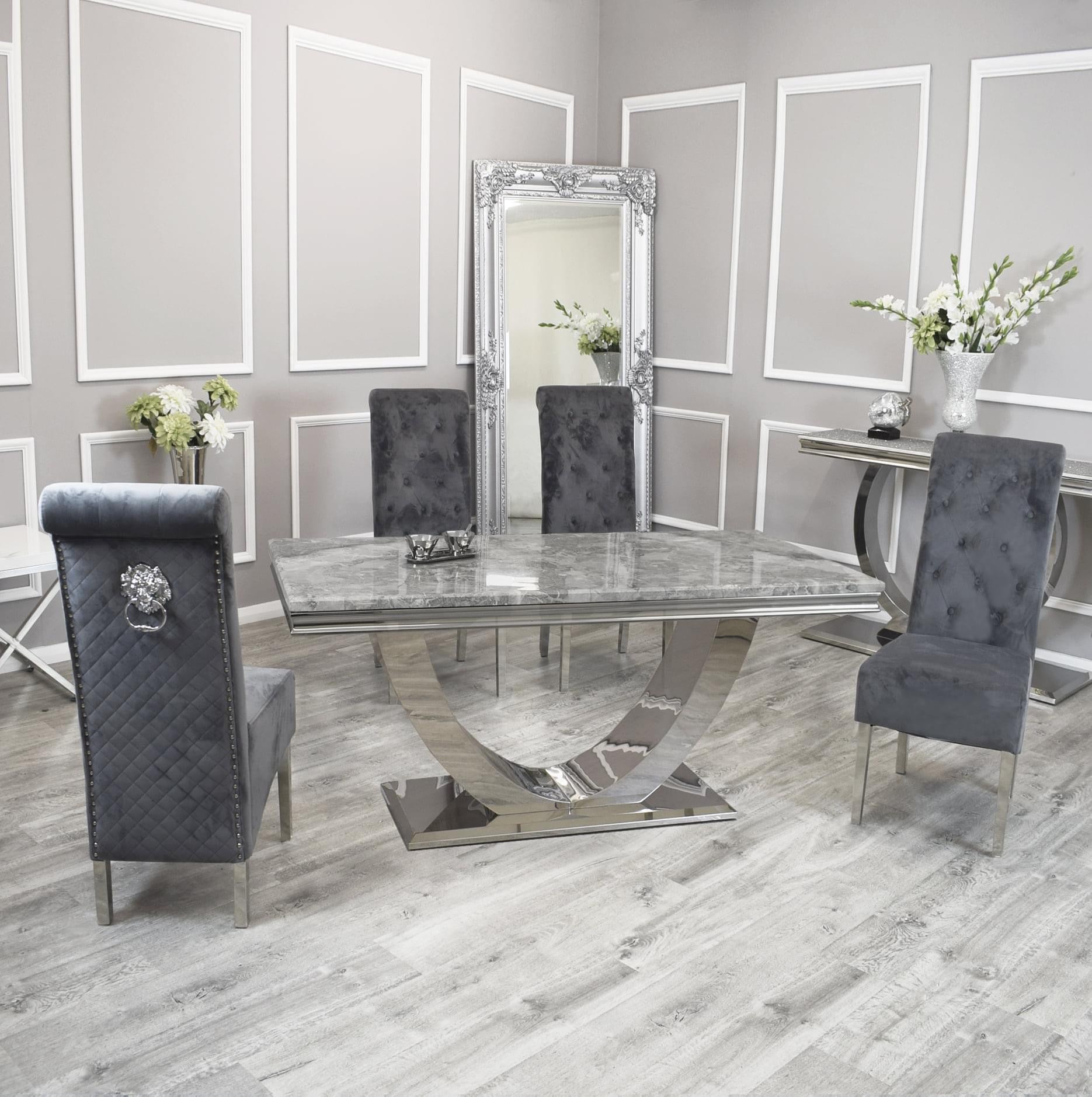 Arial Grey Marble Top Dining Set With Lucy Lion knocker Velvet Chairs