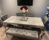 Vienna Grey Marble Dining Table With Chelsea Lion Knocker Velvet Chairs With Bench