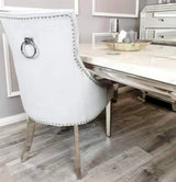 Vienna White Marble Top Dining Set With Light Grey Duke Knocker Velvet Chairs