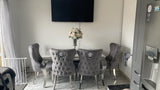 Vienna Ivory Smoke Marble Top Dining Set With Lewis Lion Knocker Velvet Chairs
