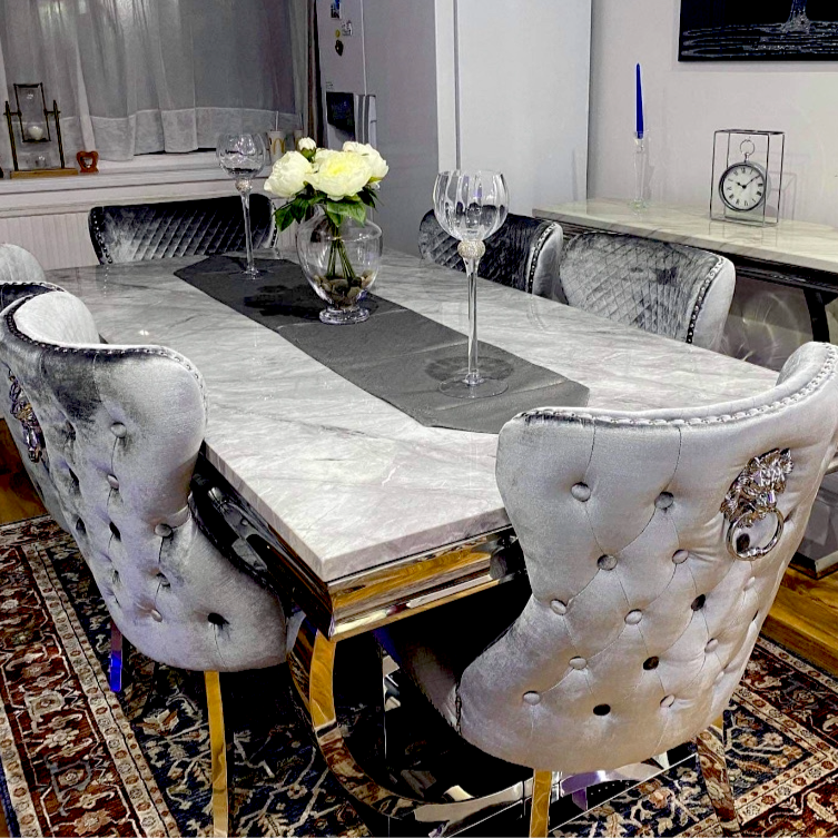 Arianna Grey Marble Top Dining Set With Lewis Lion Knocker Velvet Chairs