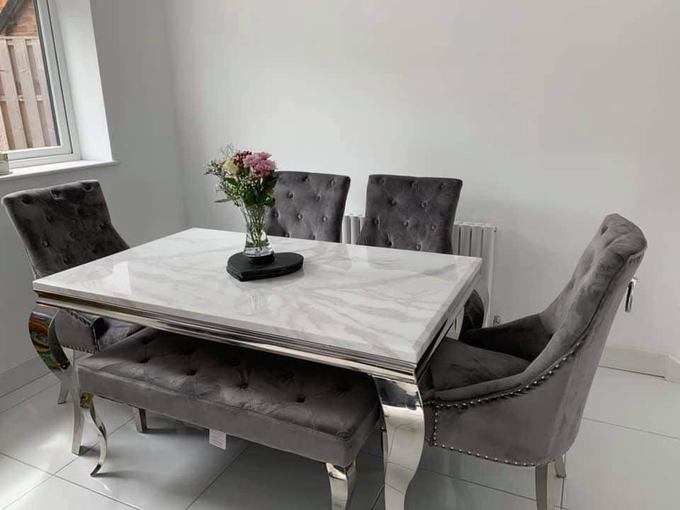Vienna White Marble Top Dining Set With Chelsea Knocker Velvet Chairs