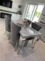 Vienna Grey Marble Top Dining Set With Chelsea Ring Knocker Velvet Chairs