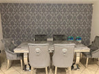 Arianna Grey Marble Dining Table With Venice Lion Knocker Grey Velvet Chairs