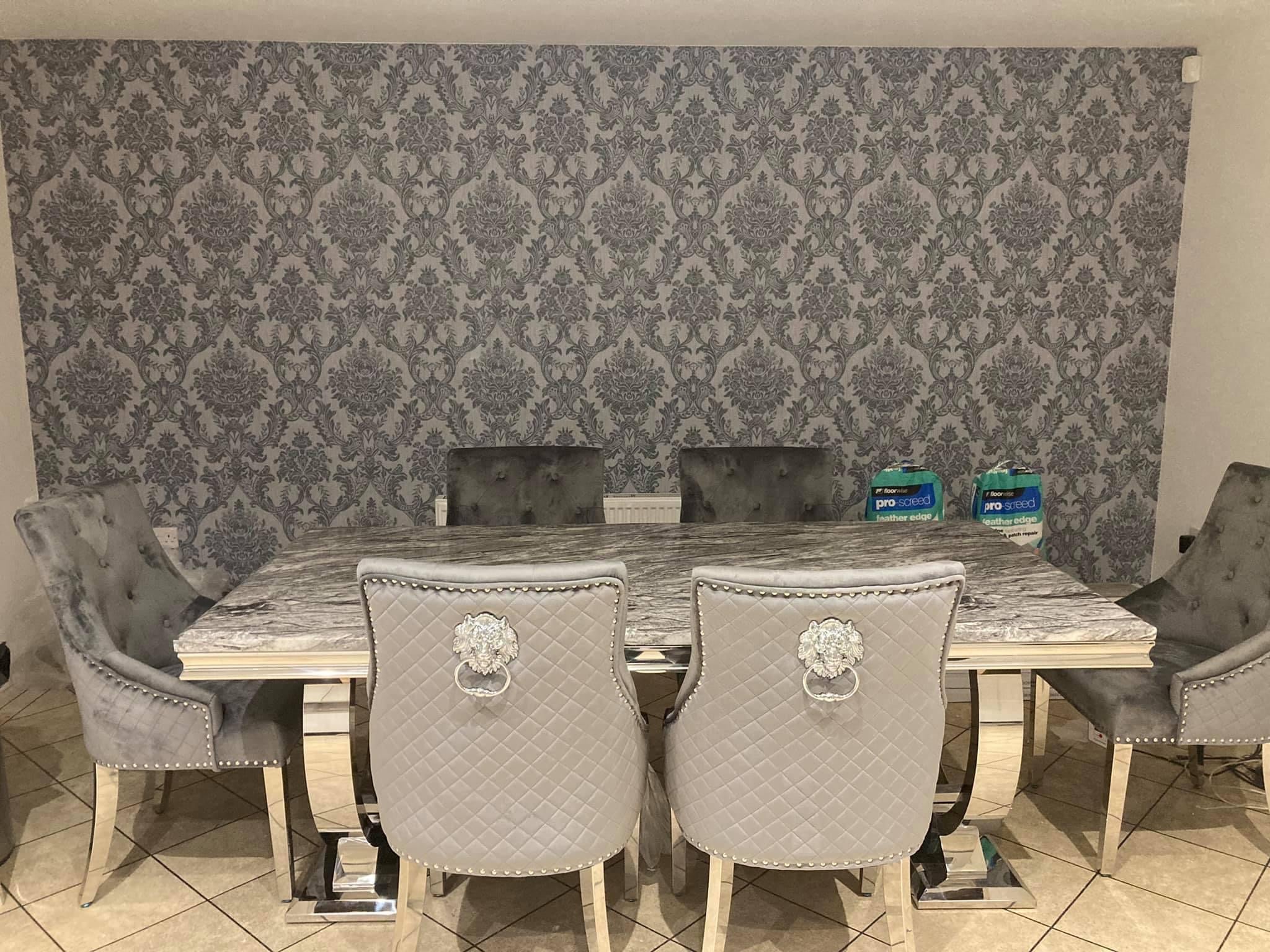 Arianna Grey Marble Dining Table With Venice Lion Knocker Grey Velvet Chairs