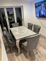 Vienna Grey Marble Top Dining Set With Chelsea Ring Knocker Velvet Chairs