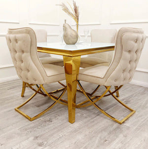 Vienna 1m White Glass and Gold Dining Table With Cappuccino Sandhurst X Leg Chairs