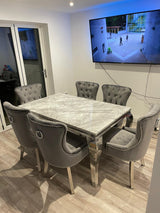Vienna Grey Marble Top Dining Set With Chelsea Ring Knocker Velvet Chairs
