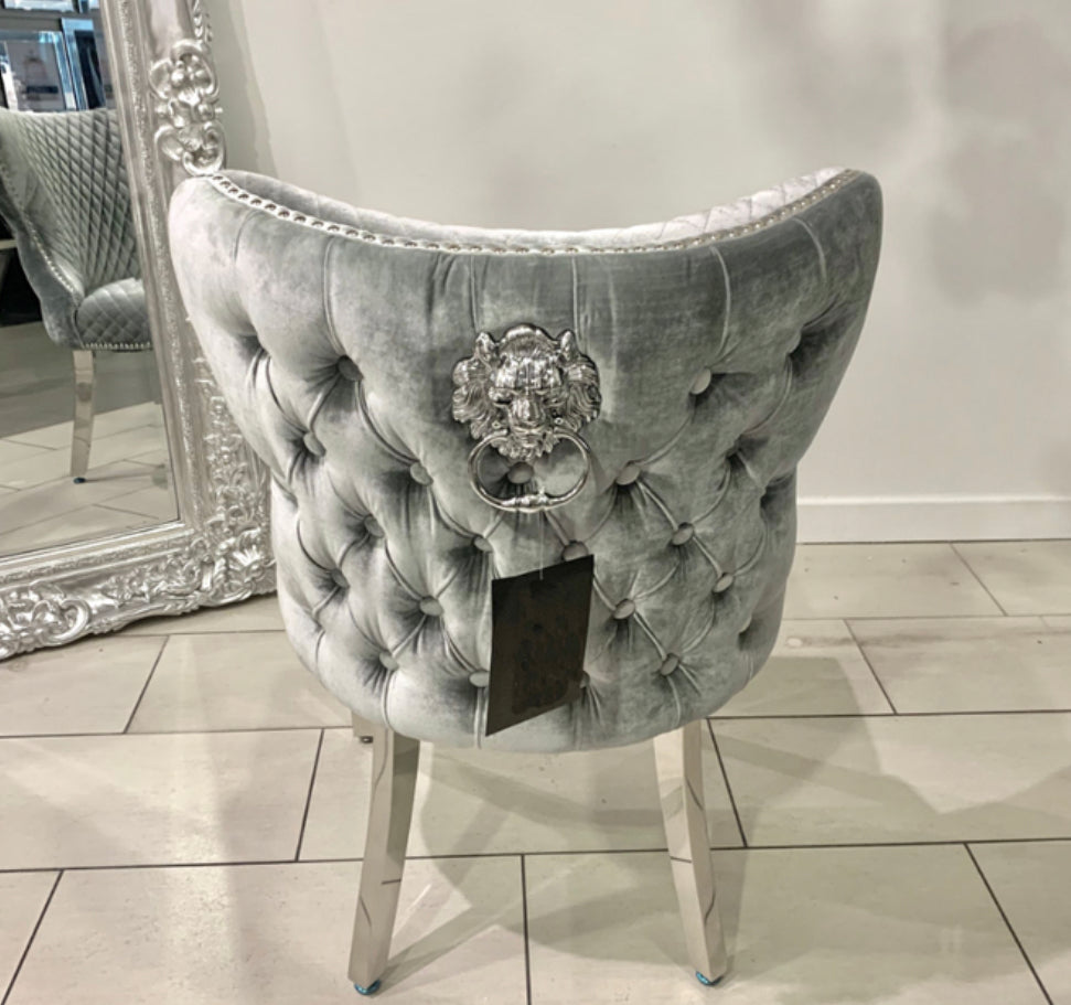 Arial Grey Marble Top Dining Set With Lewis Lion knocker Velvet Chairs