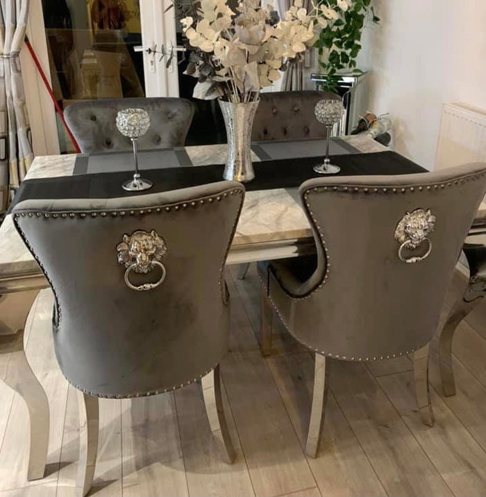 Vienna Marble Dining Table With Chelsea Lion Knocker Velvet Chairs