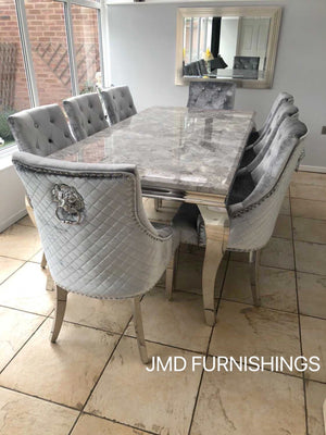Vienna 200cm Marble Top Dining Set With Rose Knocker Velvet Chairs
