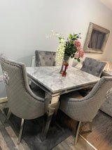 Vienna Cream Marble Top Dining Set With Venice Champagne Knocker Velvet Chairs