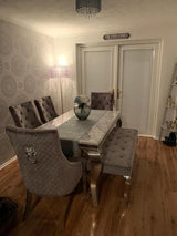 Vienna Cream Marble Top Dining Set With Venice Champagne Knocker Velvet Chairs