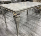 Vienna White Marble Top Dining Set With Dark Grey Venice Lion Knocker Velvet Chairs