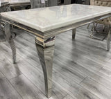Vienna White Marble Top Dining Set With Dark Grey Venice Lion Knocker Velvet Chairs