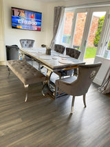 Arianna Grey Marble Table Dining Table With Chelsea Lion Knocker Velvet Chairs