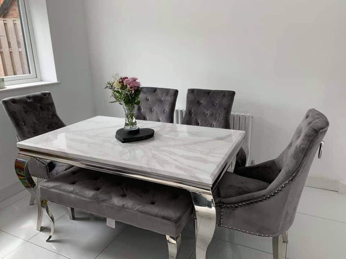Vienna White Marble Top Dining Set With Cheshire Ring Knocker Velvet Chairs