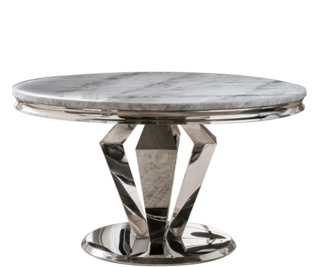 Windsor Grey Round Marble Top Dining Set With Silver Rose Lion Knocker Velvet Chairs