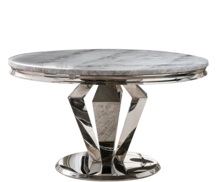 Windsor Grey Round Marble Top Dining Set With Silver Rose Lion Knocker Velvet Chairs