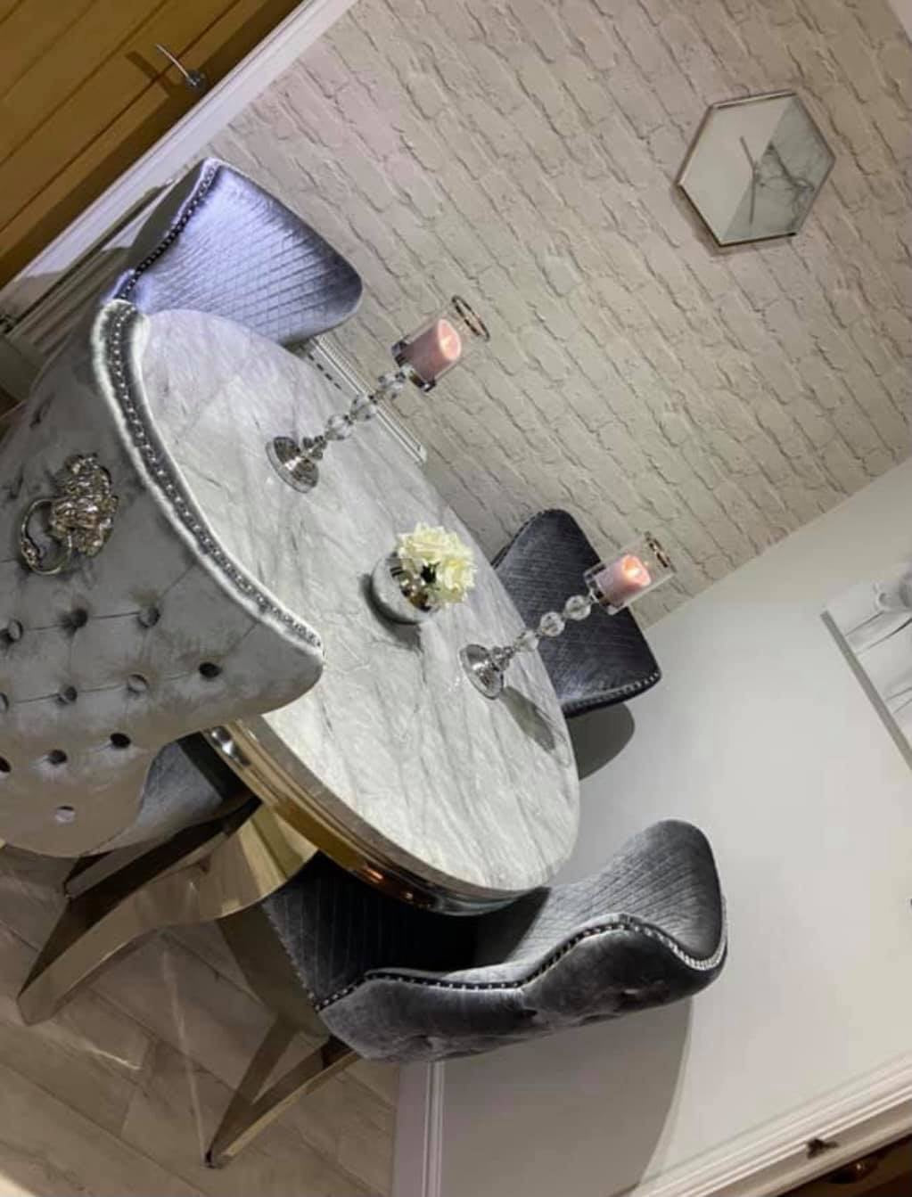 Vienna Grey Round Dining Table Set With 4 Lewis Lion Knockerback Chair