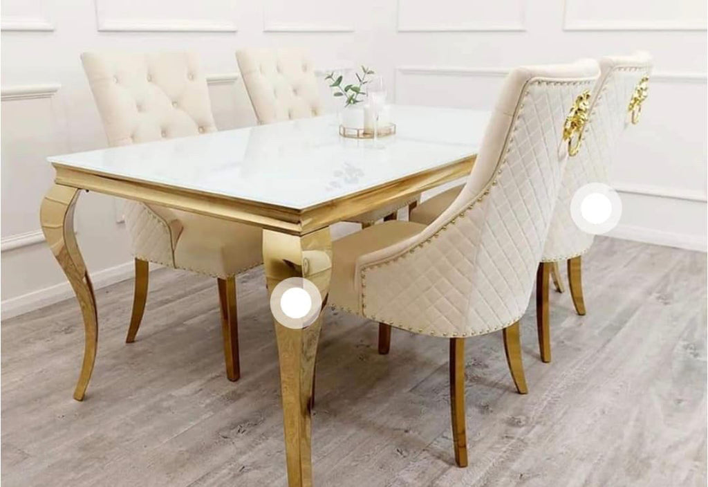 Vienna White Marble Dining Table With Bentley Gold Chairs JMD Furnishings