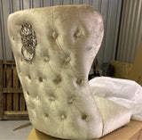 Vienna Brown Marble Top Dining Set With Champagne Lewis Lion Knocker Velvet Chairs