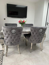 Vienna Ivory Smoke Marble Top Dining Set With Lewis Lion Knocker Velvet Chairs