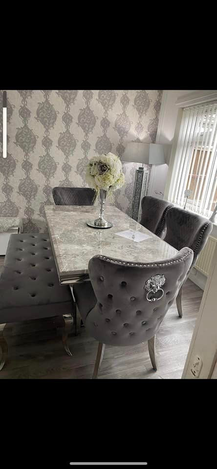 Arial Grey Marble Top Dining Set With Lewis Lion knocker Velvet Chairs
