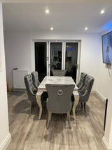 Vienna Grey Marble Top Dining Set With Chelsea Ring Knocker Velvet Chairs