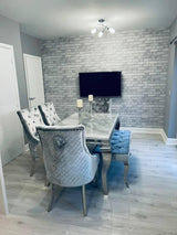 Vienna White Marble Top Dining Set With Silver Venice Lion Knocker Velvet Chairs