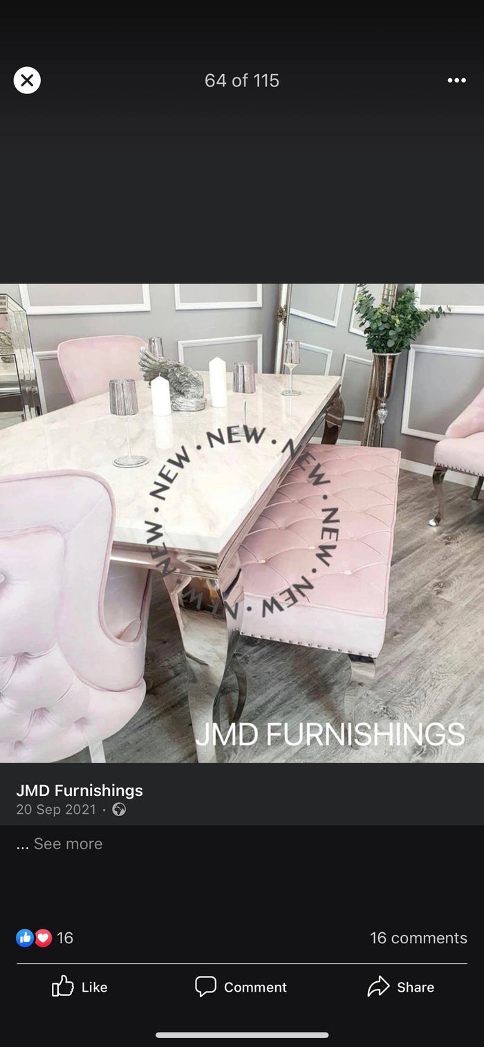 Vienna White Marble Top Dining Set With Pink Sandhurst Velvet Chairs