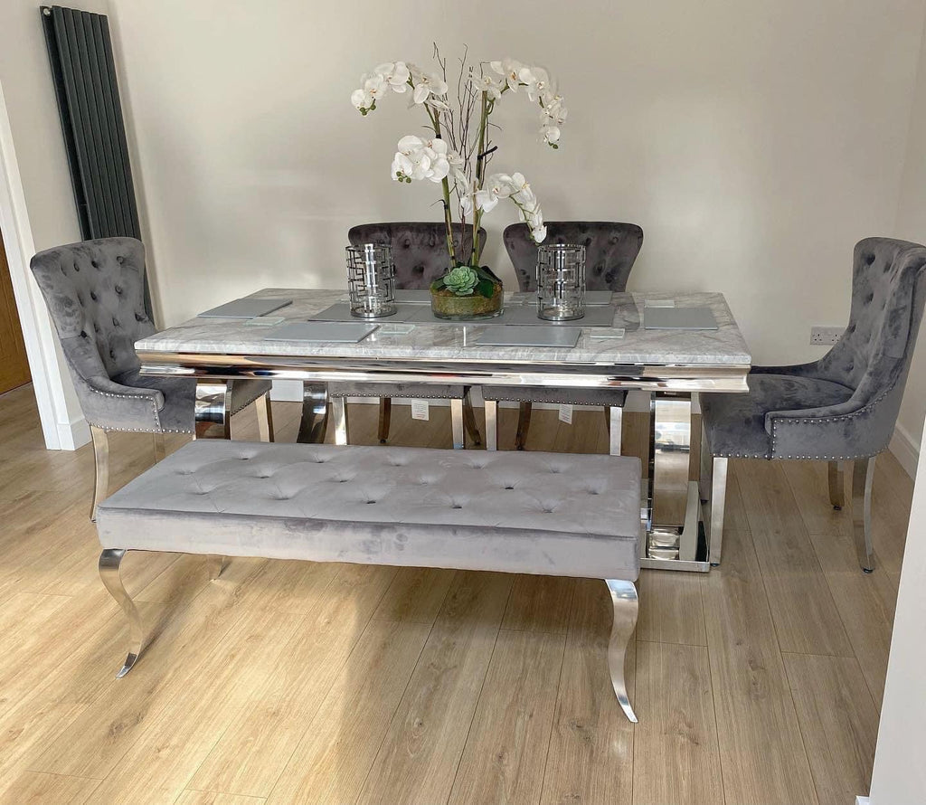 Arianna Grey Marble Table Dining Table With Chelsea Lion Knocker Velvet Chairs