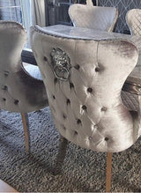 Windsor Grey Round Marble Top Dining Set With Lewis Lion Knocker Velvet Chairs