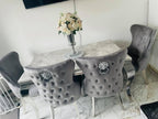 Vienna Grey Marble Top Dining Set With Lewis Lion Knocker Velvet Chairs