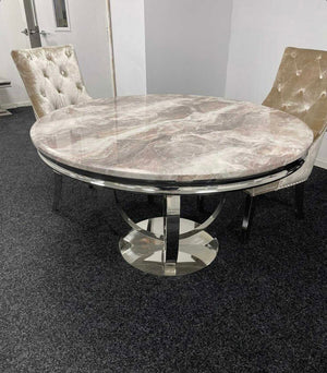 Chelsea Brown Beige Round Marble Top Dining Set With Champagne Lewis Lion Knocker Velvet Chairs