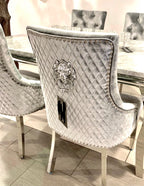 Windsor Grey Round Marble Top Dining Set With Silver Rose Lion Knocker Velvet Chairs