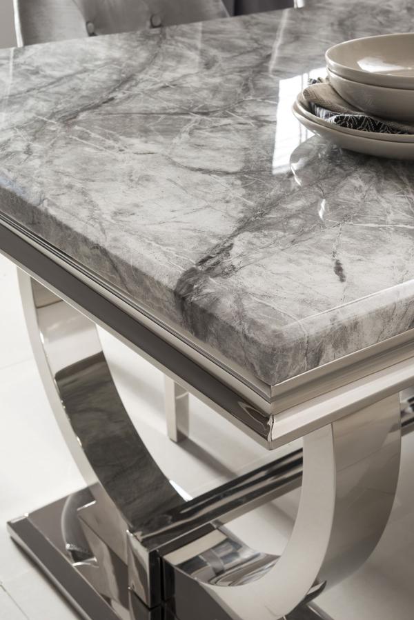 Arianna Grey Marble Top Dining Set With Lewis Lion Knocker Velvet Chairs